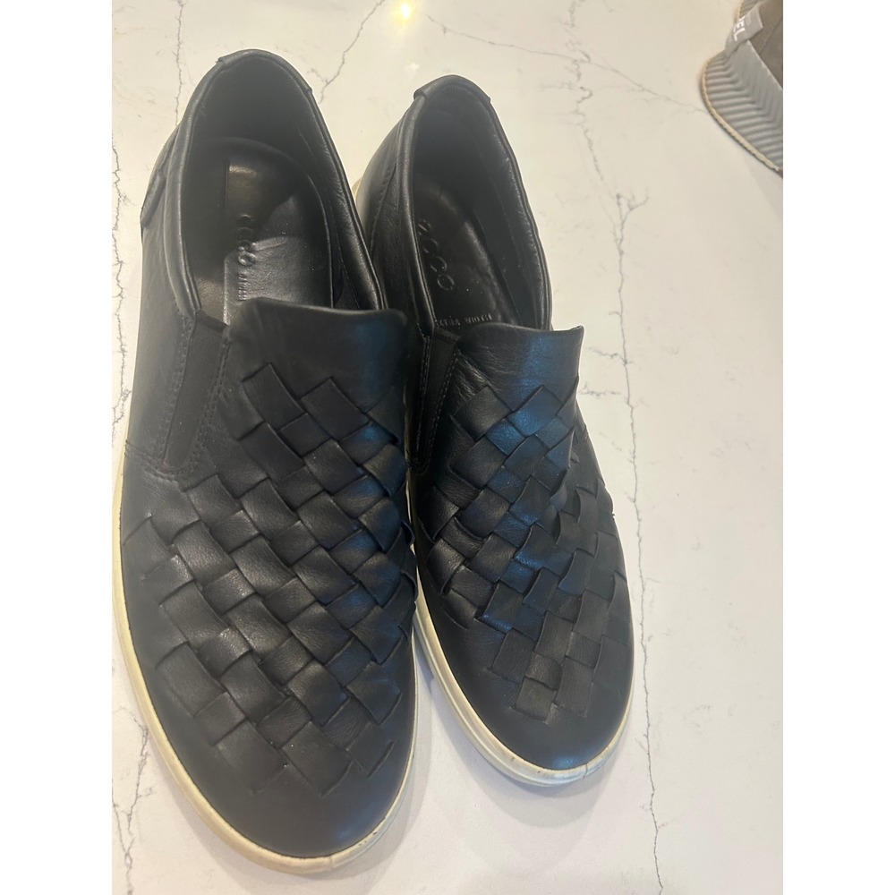 ECCO Slip On Sneakers Black Woven Leather Soft 7 Extra Width Flats 42 US 11-11.5